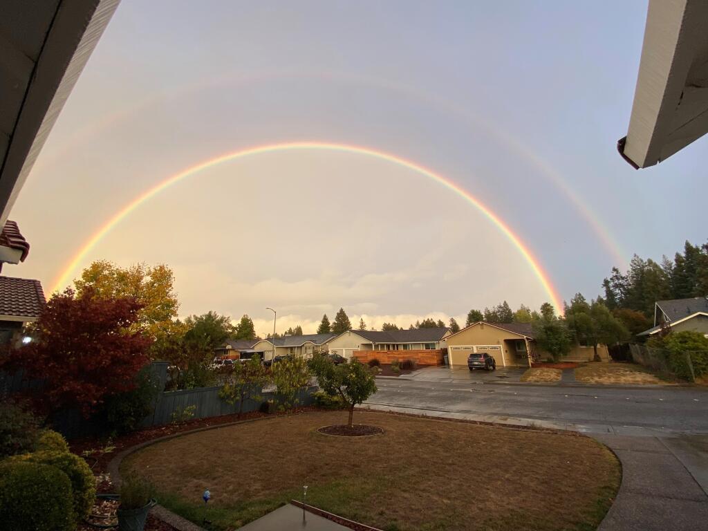 A double rainbow in Rohnert Park, Sunday, Oct. 17, 2021. (Margaret Kaiser)