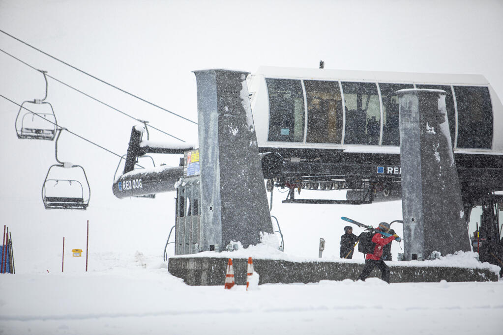 Photos taken Friday, April 15, at Palisades Tahoe show heavy snowfall on the slopes. Palisades Tahoe will remain open for winter activities until May 15. (Ryan Salm)