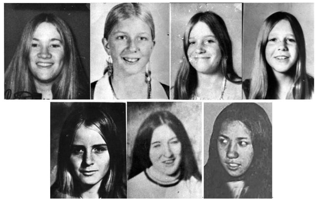 Victims in the Santa Rosa Hitchhiker Murders case include, from top left, Kim Allen, 19; Lori Kursa, 13; Maureen Sterling, 12; Yvonne Weber, 13; Carolyn Davis, 14; Theresa Walsh, 23, and an unidentified 19-year-old female with auburn hair. Another possible victim, Jeannette Kamehele, 20, bottom right, was last seen entering a vehicle at a Highway 101 on-ramp in Cotati, but her remains never were found. (File)