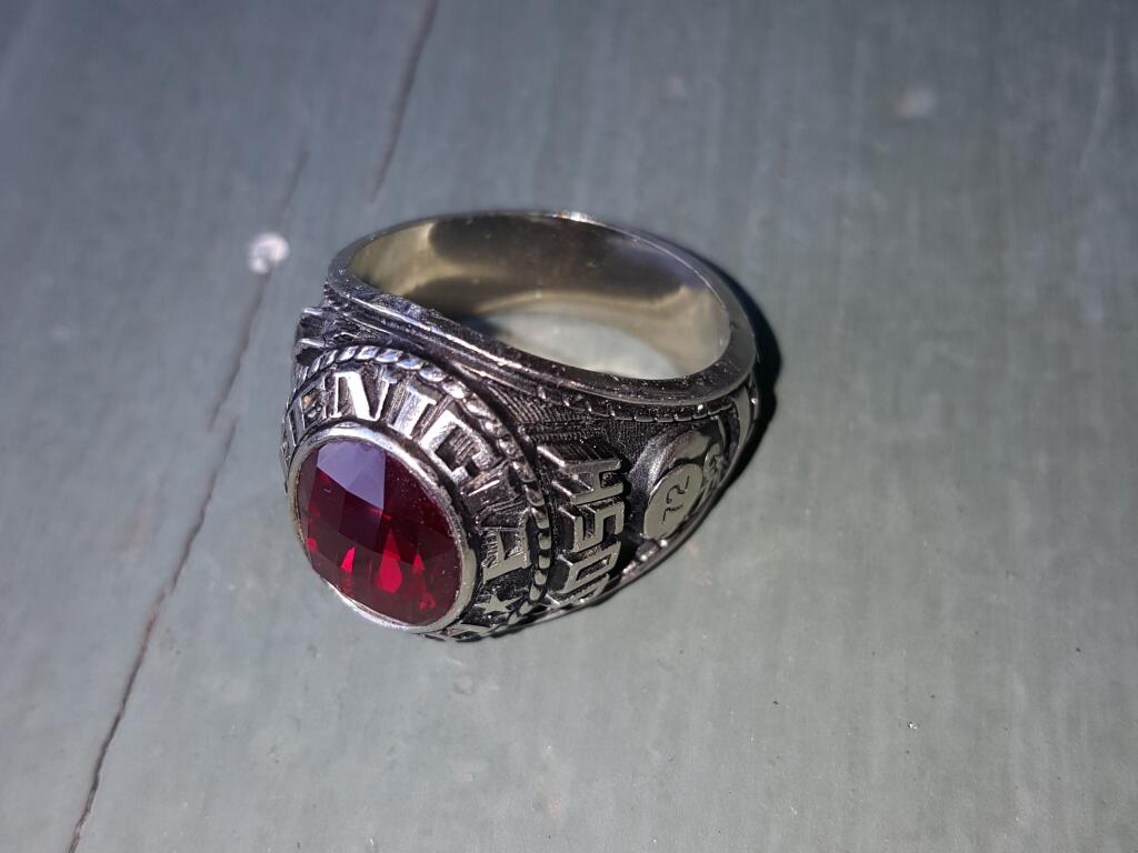 The ring Viviane Isabeau found while hiking at Taylor Mountain Regional Park. You can see it’s from Benicia High and belonged to Josh, who wore No. 72 on the football team.(Viviane Isabeau)