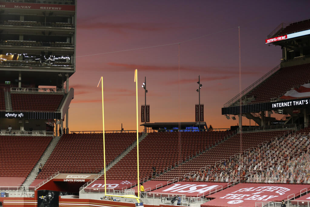 The sky is shown after the sun sets behind Levi’s Stadium during a game between the San Francisco 49ers and the Green Bay Packers in Santa Clara, Thursday, Nov. 5, 2020. (Jed Jacobsohn / ASSOCIATED PRESS)