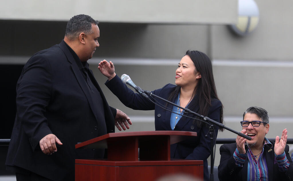 Founder of the African American Sports and Entertainment Group, Ray Bobbitt, left, greets Mayor Sheng Thao during a news conference at the Oakland-Alameda County Arena and Coliseum Complex on Feb. 2, 2023. The African American Sports and Entertainment Group is negotiating with Oakland for the city’s 50% interest in the Coliseum complex. (Aric Crabb / SAN JOSE MERCURY NEWS)