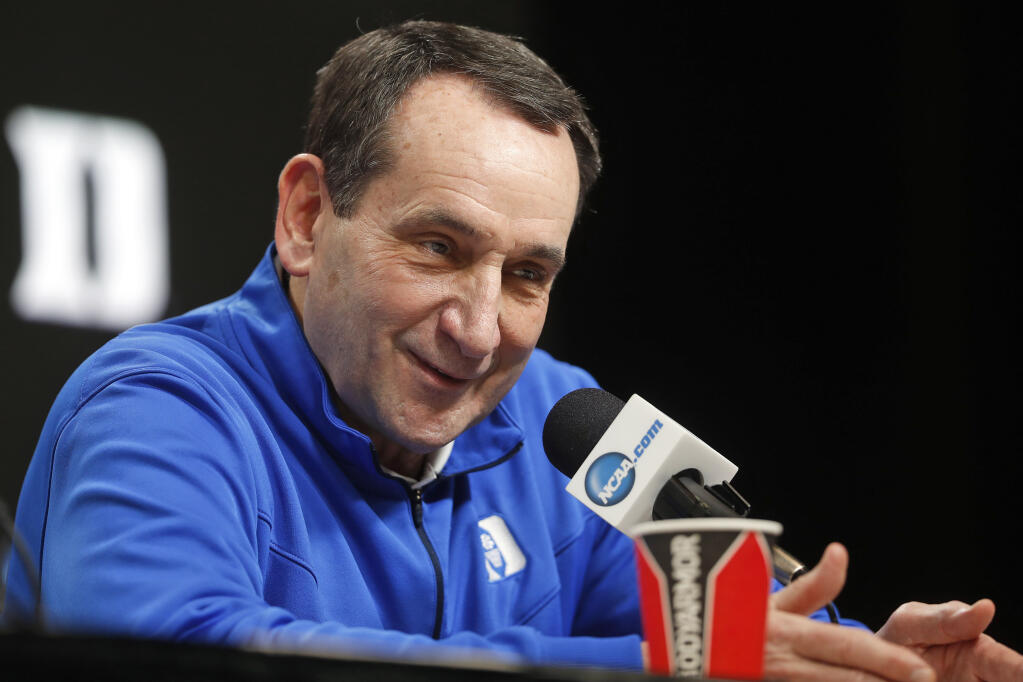 In this March 28, 2019, file photo, Duke head coach Mike Krzyzewski answers questions during a news conference at the NCAA Tournament in Washington. (Pablo Martinez Monsivais / ASSOCIATED PRESS)