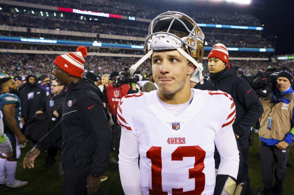 49ers quarterback Brock Purdy looks on following the NFC championship game against the Eagles, Sunday, Jan. 29, 2023, in Philadelphia. (Chris Szagola / ASSOCIATED PRESS)