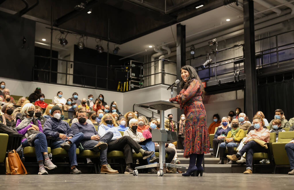 Ada Limón, Poet Laureate of the United States, answers audience questions after reading a selection of her poems during a Santa Rosa Junior College Arts and Lectures event in Santa Rosa on Tuesday, November 22, 2022.  (Christopher Chung/The Press Democrat)
