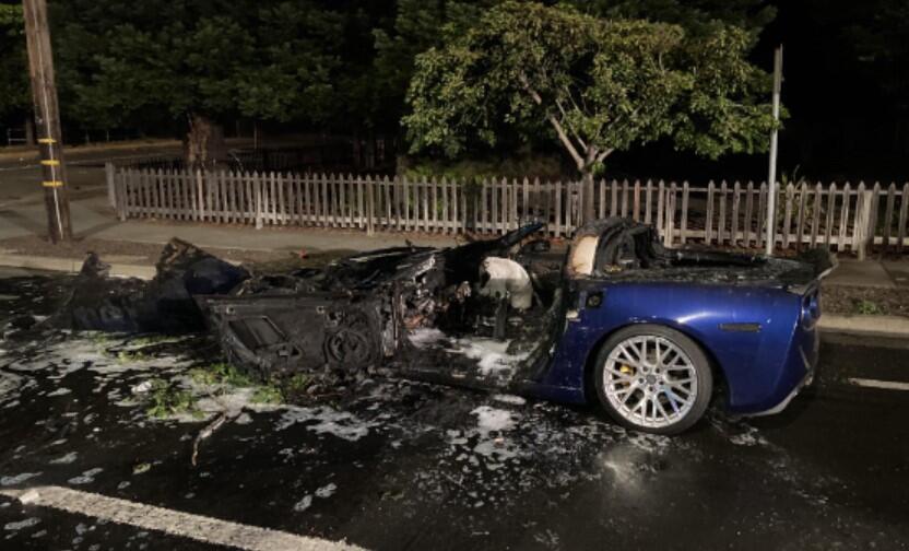 A car fire was reported during an illegal sideshow at Summerfield Road and Hoen Avenue in Santa Rosa. It was one of two vehicle fires reported during a string of sideshows late Saturday, June 18 and early Sunday June 19, 2022. (Santa Rosa Police Department/Nixle)