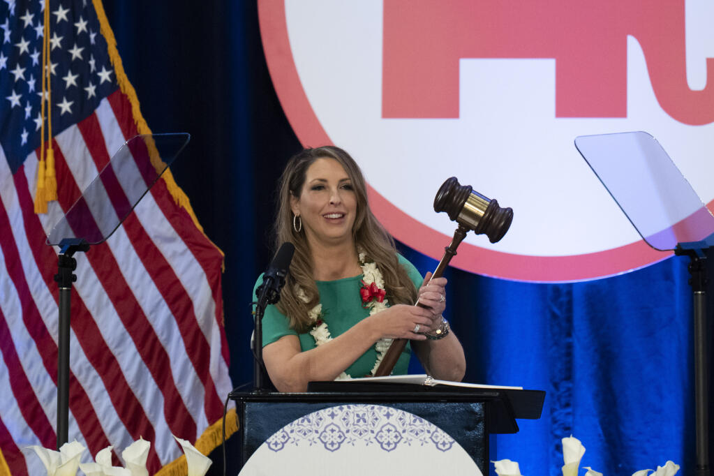 Re-elected Republican National Committee Chair Ronna McDaniel holds a gavel while speaking at the committee's winter meeting in Dana Point, Calif., Friday, Jan. 27, 2023. (AP Photo/Jae C. Hong)