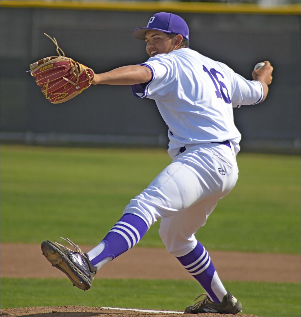 Jack Palmer’s strong relief pitching helped Petaluma beat American Canyon to clinch the VVAL championship. (SUMNER FOWLER / FOR THE ARGUS-COURIER)