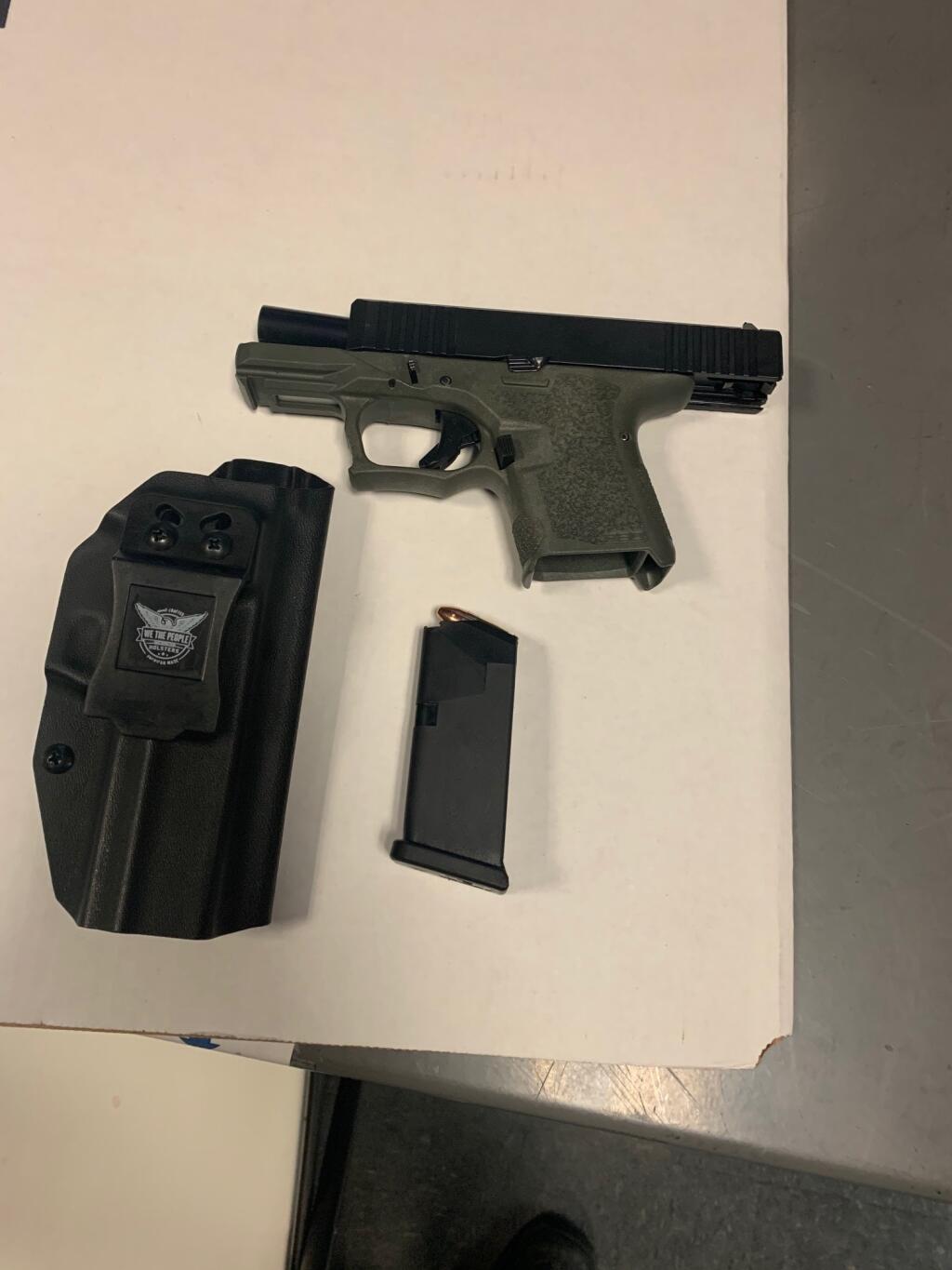 A loaded, unregistered 9 mm semi-automatic handgun found inside a vehicle Sunday, May 30, 2021 by Santa Rosa police. (Courtesy Santa Rosa Police Department)