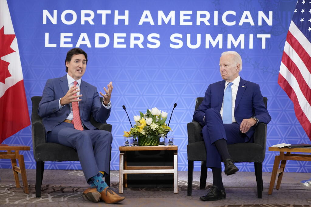 Canadian Prime Minister Justin Trudeau speaks as he meets with President Joe Biden at the InterContinental Presidente Mexico City hotel in Mexico City,Tuesday, Jan. 10, 2023. (AP Photo/Andrew Harnik)