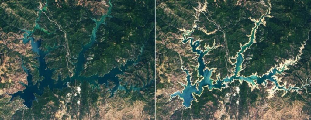 Satellite imagery shows Shasta Lake in July 2019, left, and June 2021. The state’s largest reservoir is at about 35% of its capacity, officials said. (NASA)