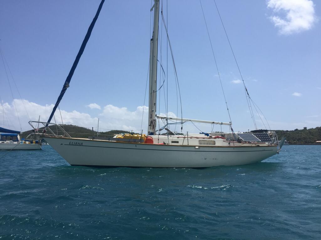 The 38-foot sailboat, the Eliana, is shown anchored off the coast of St. Thomas in the Caribbean. As the coronavirus pandemic set in, Petaluma resident Warren Holybee was forced to divert to St. Thomas near the end of his attempt to circumnavigate the globe. (COURTESY OF WARREN HOLYBEE)