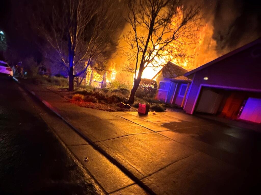 Flames engulf an Urbani Place home in Calistoga Saturday, March 23, 2024. (Sonoma County Sheriff’s Office / Facebook)