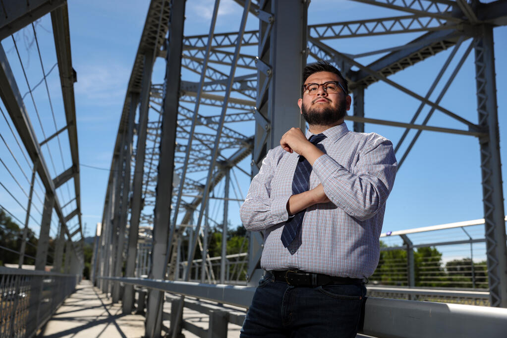 Healdsburg Mayor Ozzy Jimenez photographed at the Healdsburg Memorial Bridge on Thursday, June 9, 2022.  (Christopher Chung/The Press Democrat)