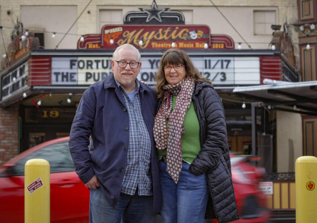 Dave and Juliet Pokorny stand outside the Mystic Theatre in downtown Petaluma, where the 2022 Grand Slam will take place on Wednesday, December 7.._Petaluma, CA, USA._(CRISSY PASCUAL/ARGUS-COURIER STAFF)