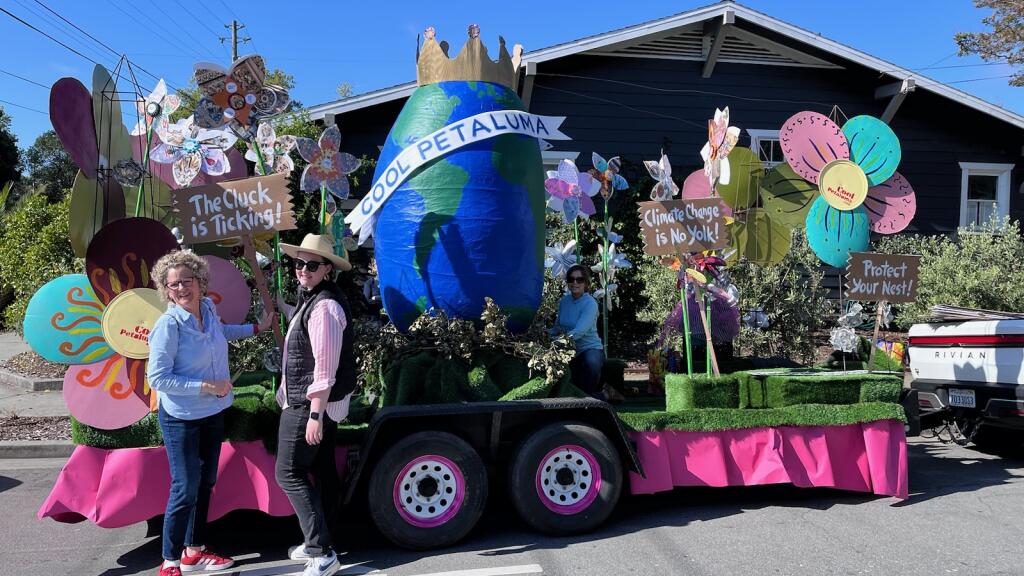 Cool Petaluma’s float for the 2024 Butter and Egg Days Parade was themed “Climate change is no yolk.” (Photo by John Crowley)