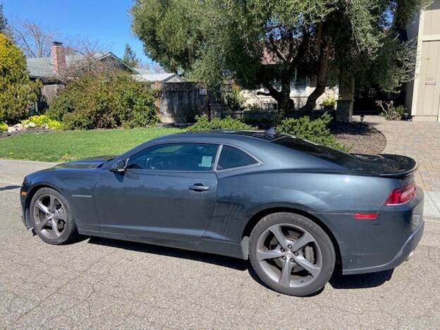 Petaluma police are seeking the driver of this Chevy Camaro, which ran into the retaining wall of a residence on Thursday, March 16, 2023 before fleeing the scene. (Petaluma Police Department)