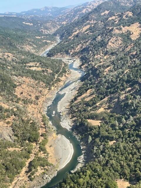 This aerial photo shows the North Coast Railroad clinging to the side of the steep and rugged Eel River Canyon. (Caryl Hart)