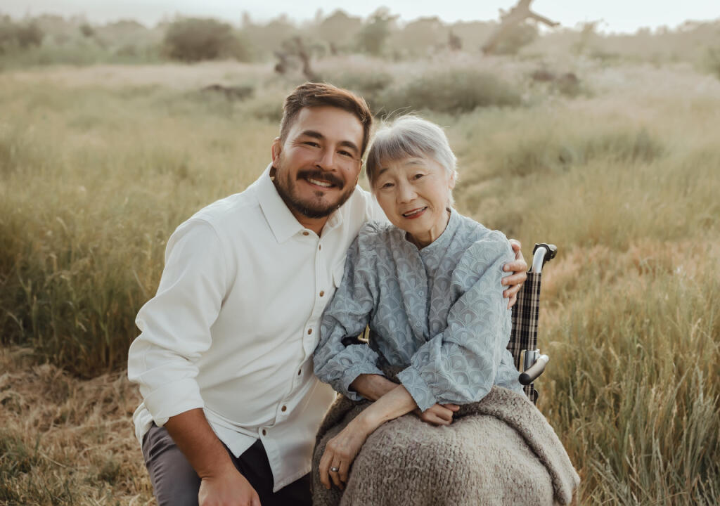Justin Gill with Judy Yokoyama, his grandma or bachan in Japanese, for whom the company is named. (Danelle Navratil Photo)