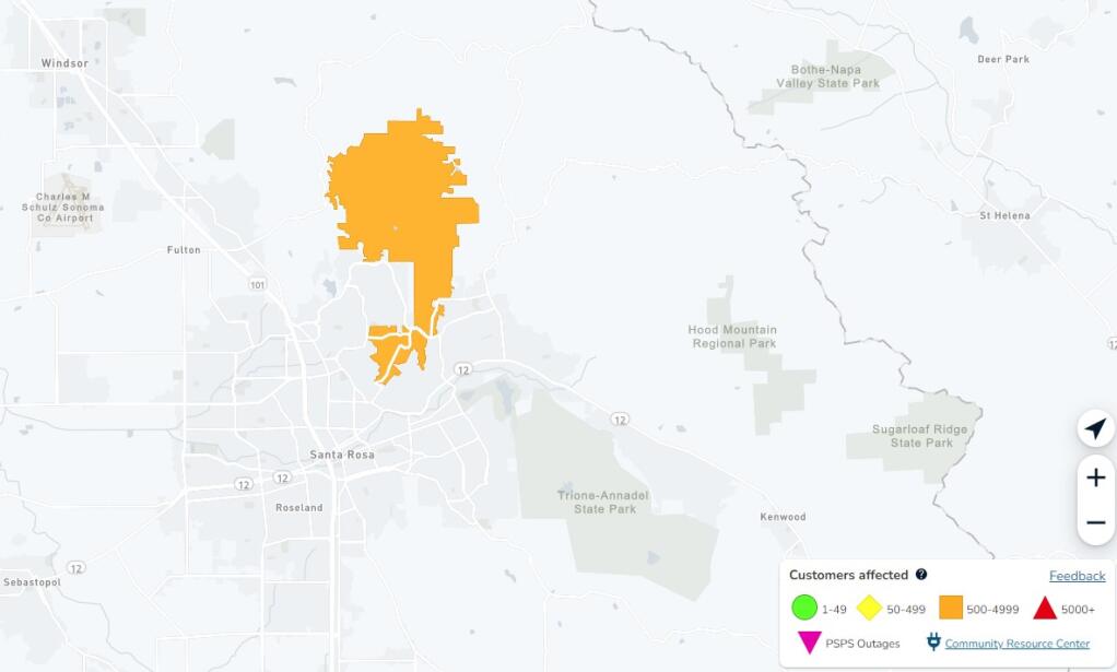 About 1,640 Pacific Gas and Electric customers are without power Tuesday morning in portions of northeast Santa Rosa and Larkfield-Wikiup. (Pacific Gas and Electric outage center)