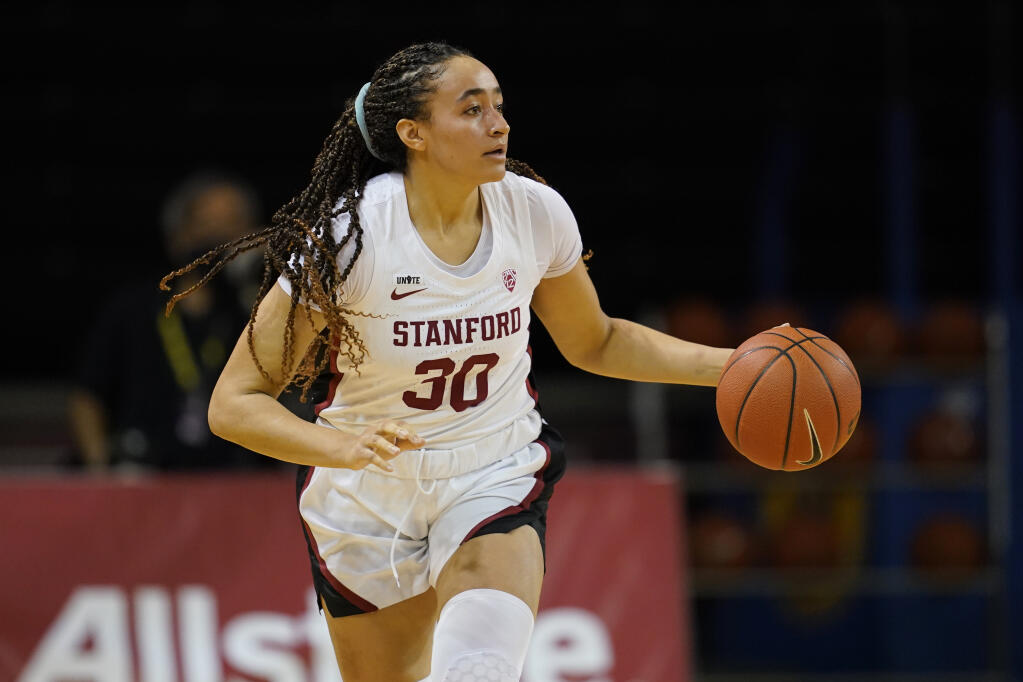 Stanford guard Anna Wilson plays against USC during a game in Santa Cruz on Sunday, Jan. 24, 2021. (Jeff Chiu / ASSOCIATED PRESS)