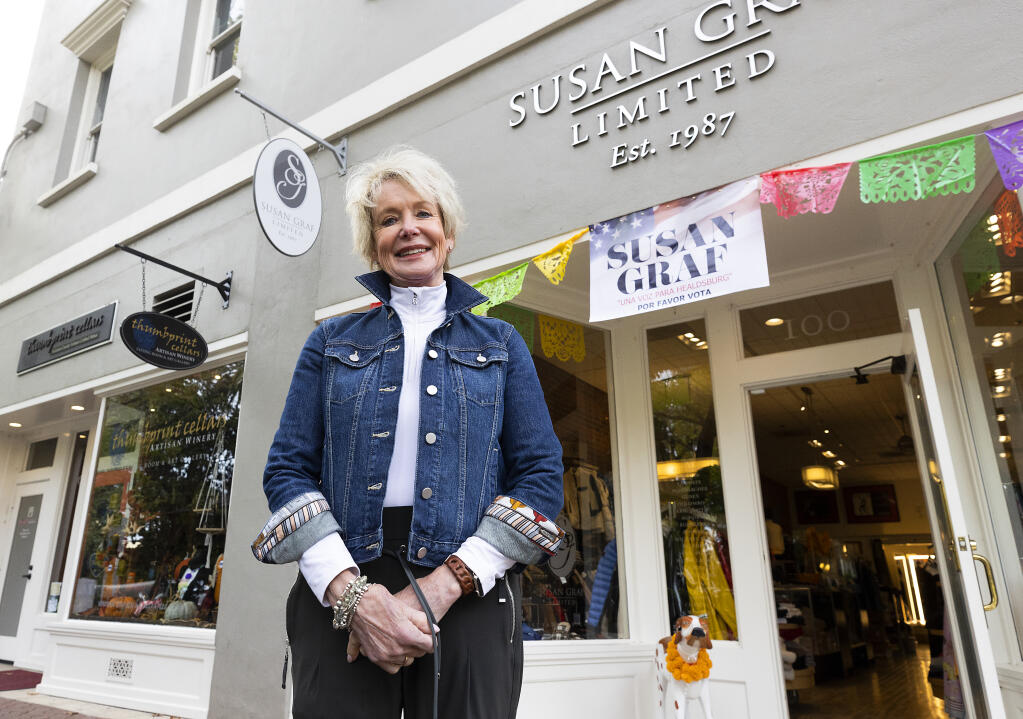 Boutique owner Susan Graf, a candidate for the Healdsburg City Council, stands Friday, Nov. 4, 2022, in front of her Healdsburg boutique. (John Burgess/The Press Democrat)