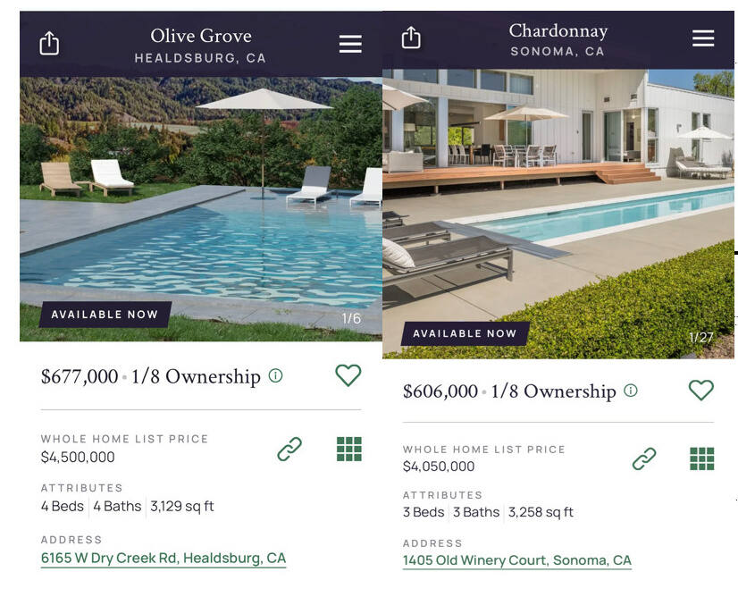 Pacaso’s two Sonoma County listings as seen on the company website on June 3, 2021.