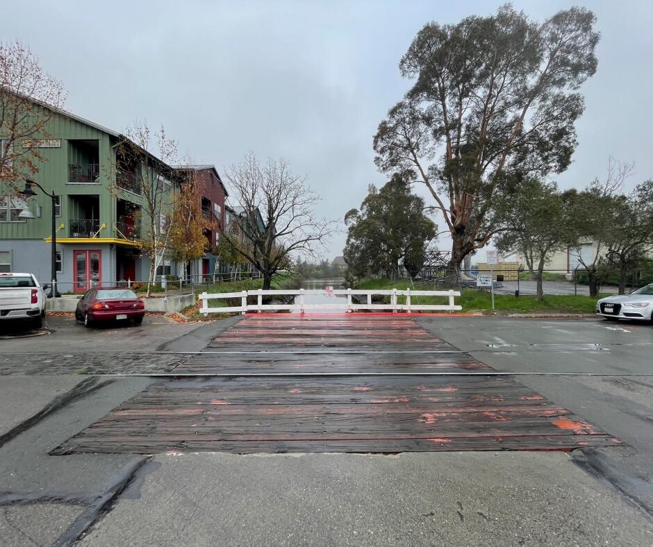 The wood bridge over Thompson Creek, located at the intersection of First and F Streets in Petaluma, was closed to vehicle traffic Dec. 16, 2021, to address structural issues. (COURTESY OF CHRISTOPHER BOLT)