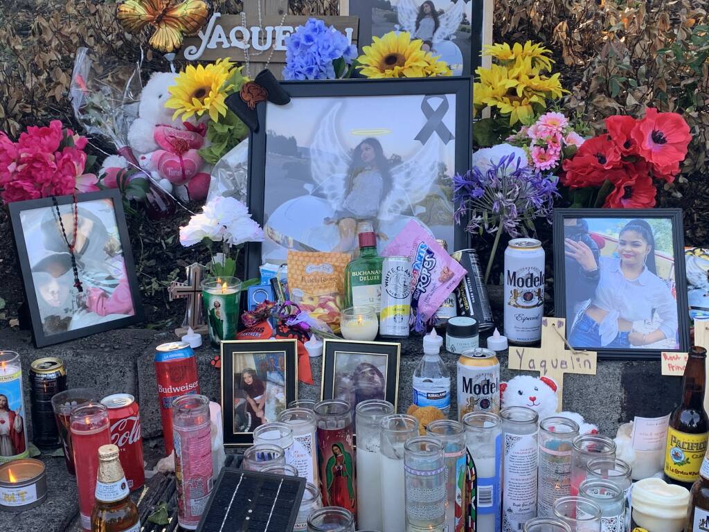 A roadside memorial on July 28, 2021, for Yaquelin Garcia Magdaleno, 16, of Santa Rosa, who was killed in a crash along Highway 101 near Yolanda Avenue on July 24, 2021. (Colin Atagi/The Press Democrat)