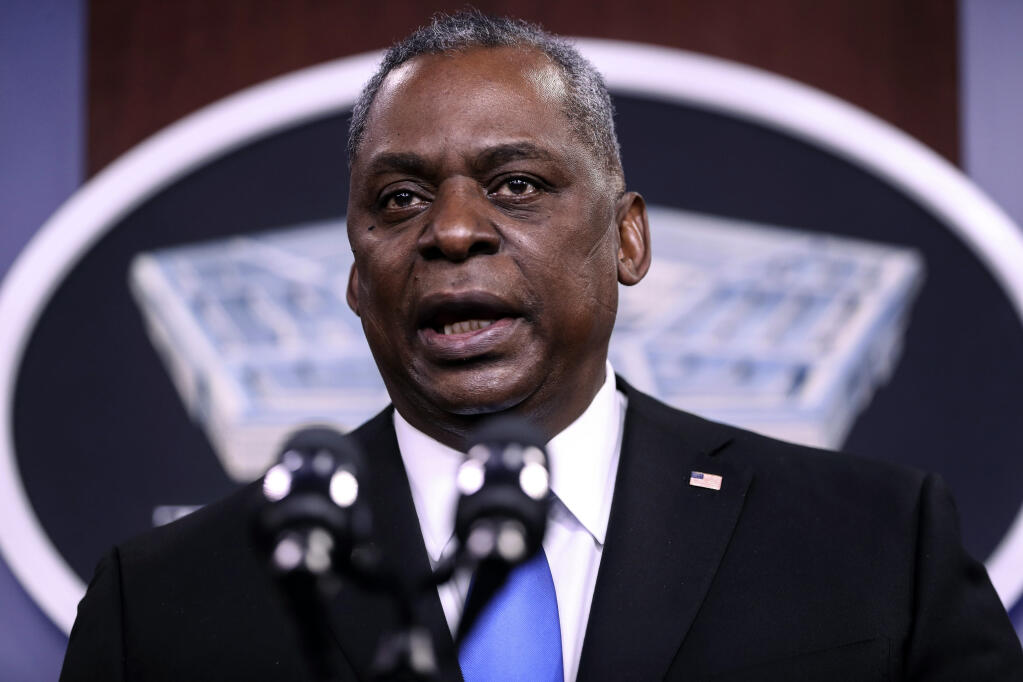 FILE — Defense Secretary Lloyd Austin speaks to reporters at the Pentagon in Arlington, Va., on Feb. 10, 2021. Austin is introducing a number of diversity and inclusion policies to the military.  (Oliver Contreras/The New York Times)