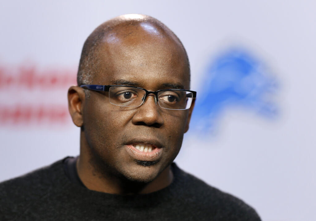 FILE - In this March 11, 2015, file photo, then-Detroit Lions general manager Martin Mayhew speaks during a news conference in Allen Park, Mich. Washington has hired Martin Mayhew to be its new general manager. The hiring of Mayhew makes Washington the only team in the NFL with a Black team president and GM. (AP Photo/Paul Sancya, File)