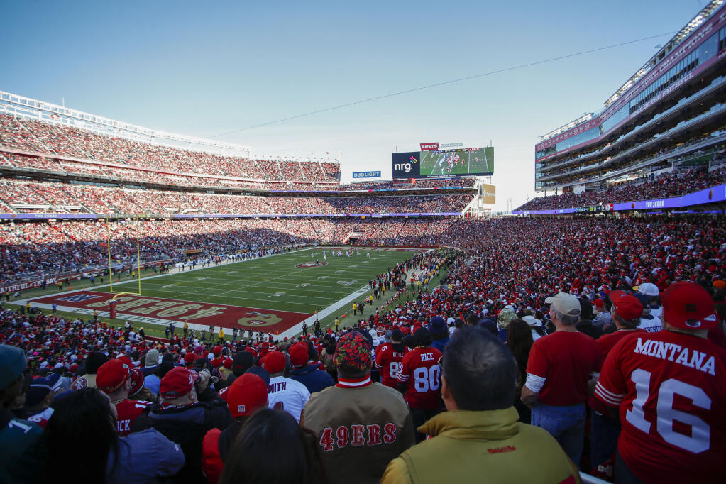 Fans at Levi's Stadium watch the first half of a playoff game between the 49ers and the Dallas Cowboys in Santa Clara, Jan. 22, 2023. (Josie Lepe / ASSOCIATED PRESS)