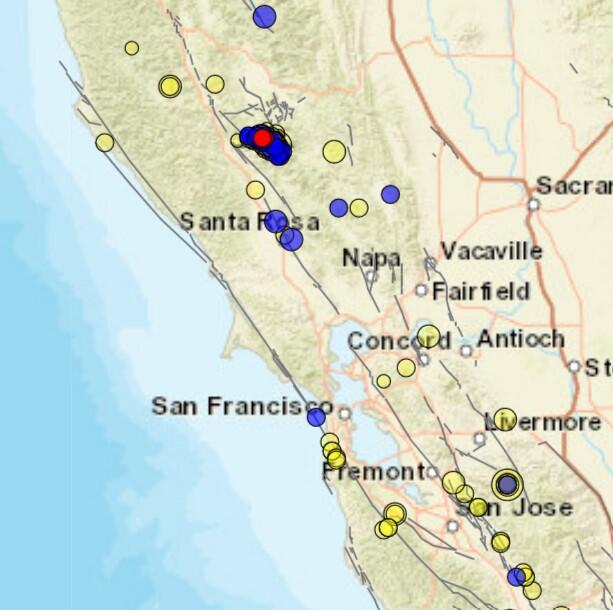 A quake map from the Southern California Earthquake Detection Center. Seismology experts recorded a series of “micro” quakes Saturday night and early Sunday near Santa Rosa. There were no reports of injuries or damage caused in any of the events. (Southern California Earthquake Data Center)