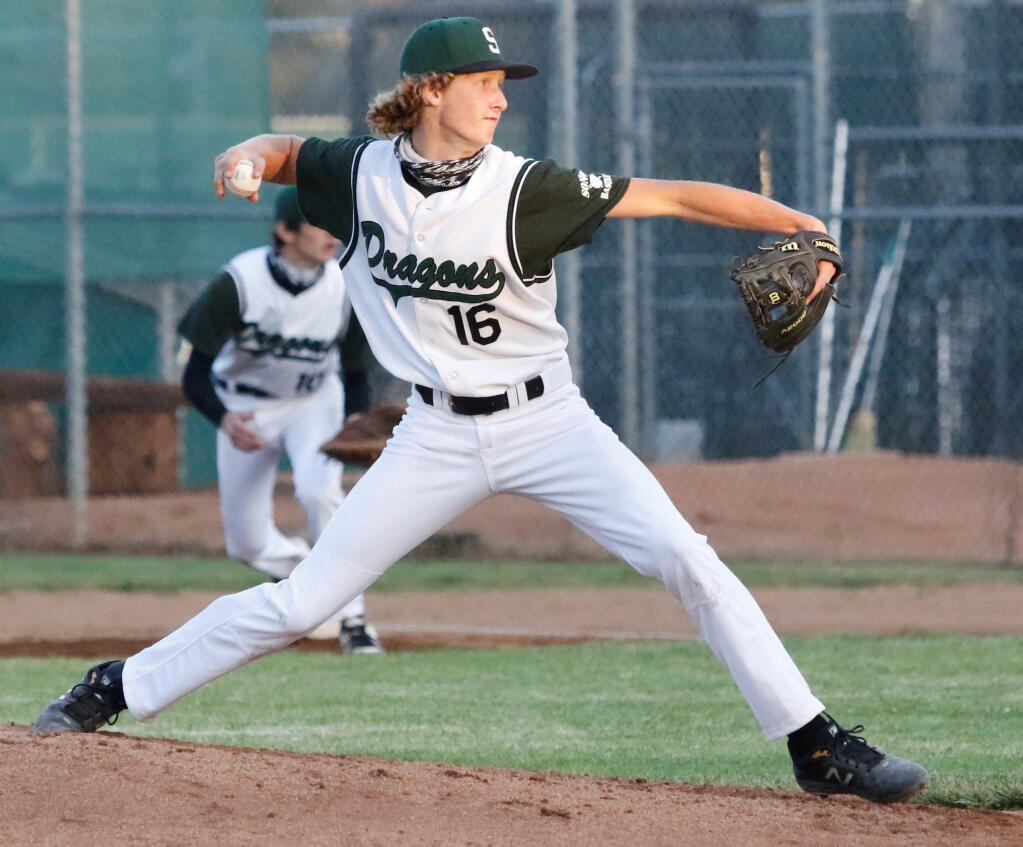 Sonoma pitcher Casey Spencer delivers a pitch during the Wednesday, April 21, season opener against Casa Grande. The Dragons managed only three hits and lost to the Gauchos, 7-0. (Index-Tribune)