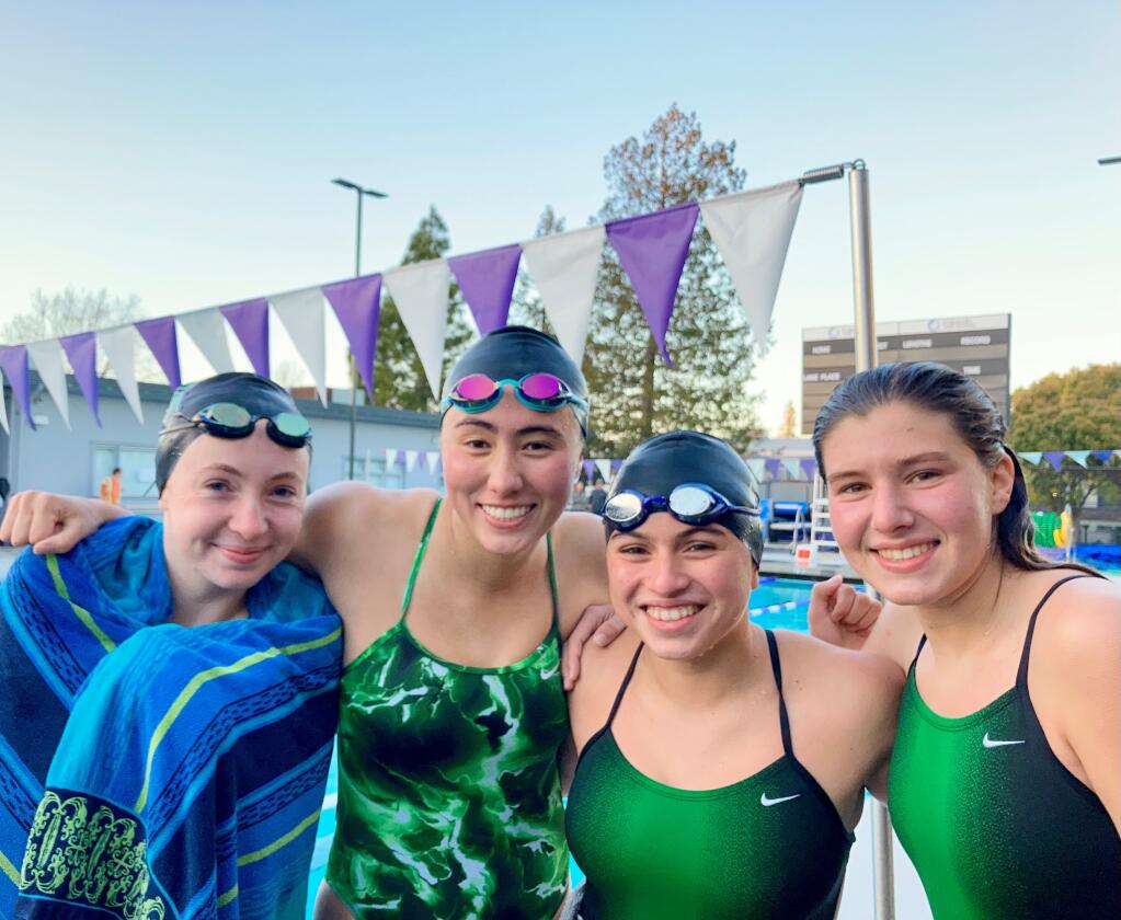 Varsity Sonoma Valley High swimmers Glorianna Ring, Sierra Pine, Alegria Silvi and Kate Llodra after beating Casa Grande 109 to 47 on Wednesday, March 9, 2022. (submitted photo)
