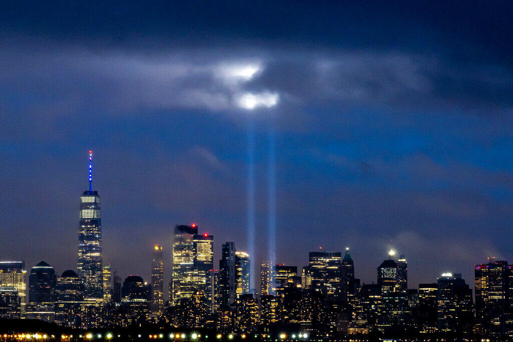 The annual Tribute in Light is illuminated above Lower Manhattan on the anniversary of 9/11 on Sept. 11, 2022. (JULIA NIKHINSON / Associated Press)