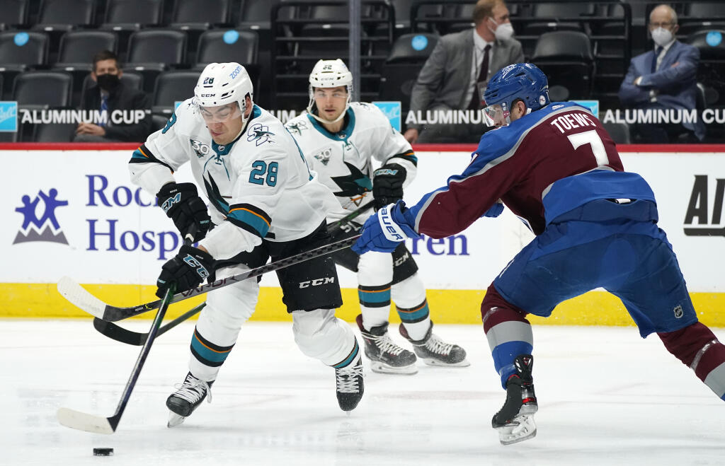 San Jose Sharks right wing Timo Meier, left, moves the puck past Colorado Avalanche defenseman Devon Toews in the first period on Saturday, May 1, 2021, in Denver. (David Zalubowski / ASSOCIATED PRESS)