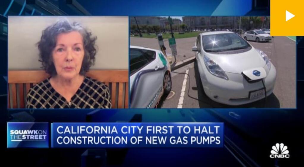 Petaluma Mayor Teresa Barrett was on CNBC Wednesday, March 3, 2021, talking about the city’s ban on new gas stations. (CNBC)