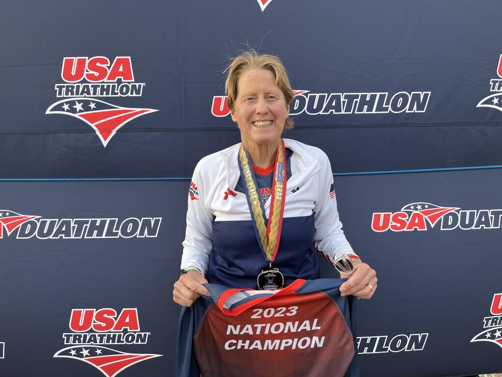 Karen Chequer-Pfeiffer, 65, aquatics coach and world champion triathlete, just captured four national championship wins in the United States Triathlon's Multi Sport Nationals in Irving, Texas. Karen, a longtime Sonoma County and Windsor resident, participated in four different discipline events and dominated her competition in all four races in the 65-69 age group.