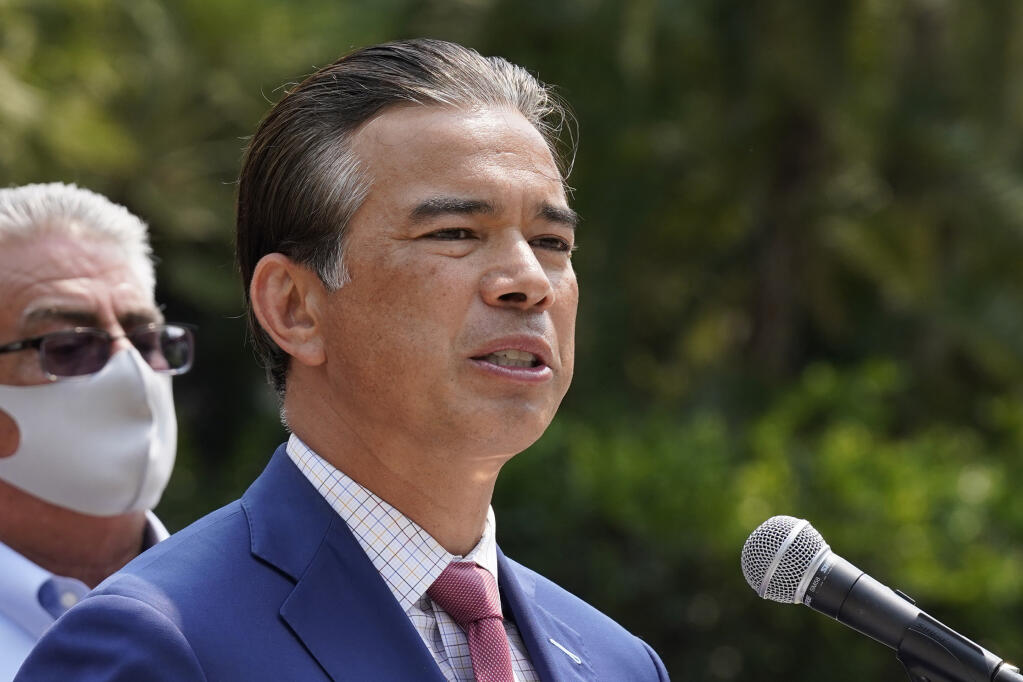 FILE— In this Aug. 17, 2021, file photo, California Attorney General Rob Bonta speaks at a news conference in Sacramento, Calif. Republicans think they have a chance this year to unseat an appointed state attorney general they say is too progressive even for California. (AP Photo/Rich Pedroncelli, File)