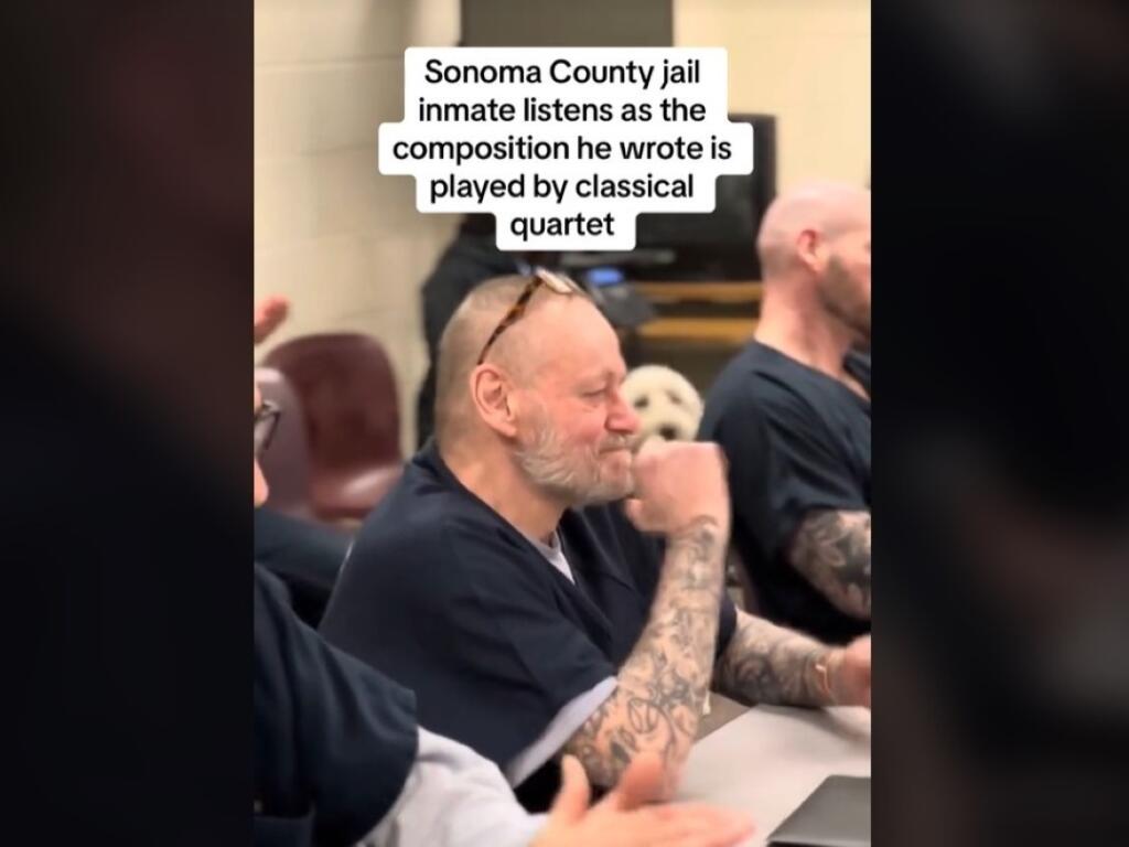 This screenshot from a video shows a Sonoma County jail inmate listening as the composition he wrote is played, Monday, March 25, 2024. The video, posted on The Press Democrat's TikTok account, has had more than 1.4 million views in three weeks. (tiktok.com/@pressdemo)