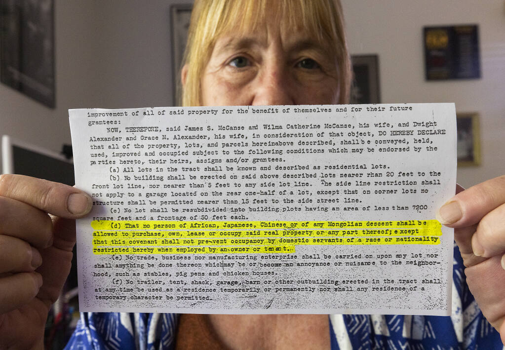Eve Lindi was surprised to find the original deed from 1945 for her new home in Santa Rosa includes restrictions prohibiting anyone of “African, Japanese, Chinese nor of any Mongolian descent” from owning or occupying the home. (JOHN BURGESS / The Press Democrat)