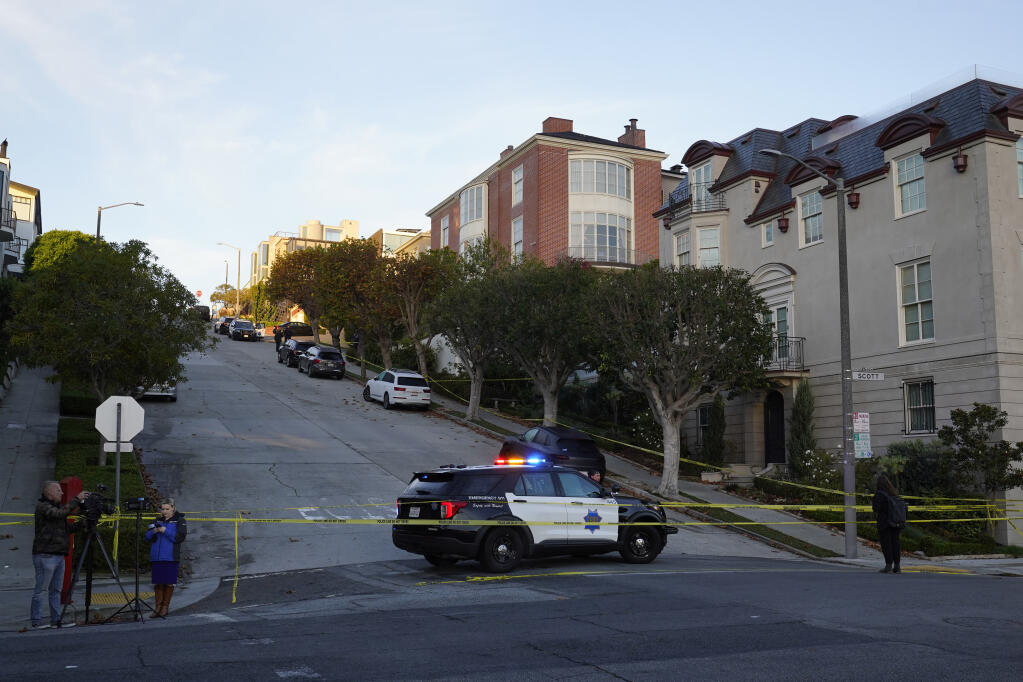 Police tape blocks a street outside the home of House Speaker Nancy Pelosi and her husband Paul Pelosi in San Francisco, Friday, Oct. 28, 2022. Paul Pelosi, was attacked and severely beaten by an assailant with a hammer who broke into their San Francisco home early Friday, according to people familiar with the investigation. (AP Photo/Eric Risberg)