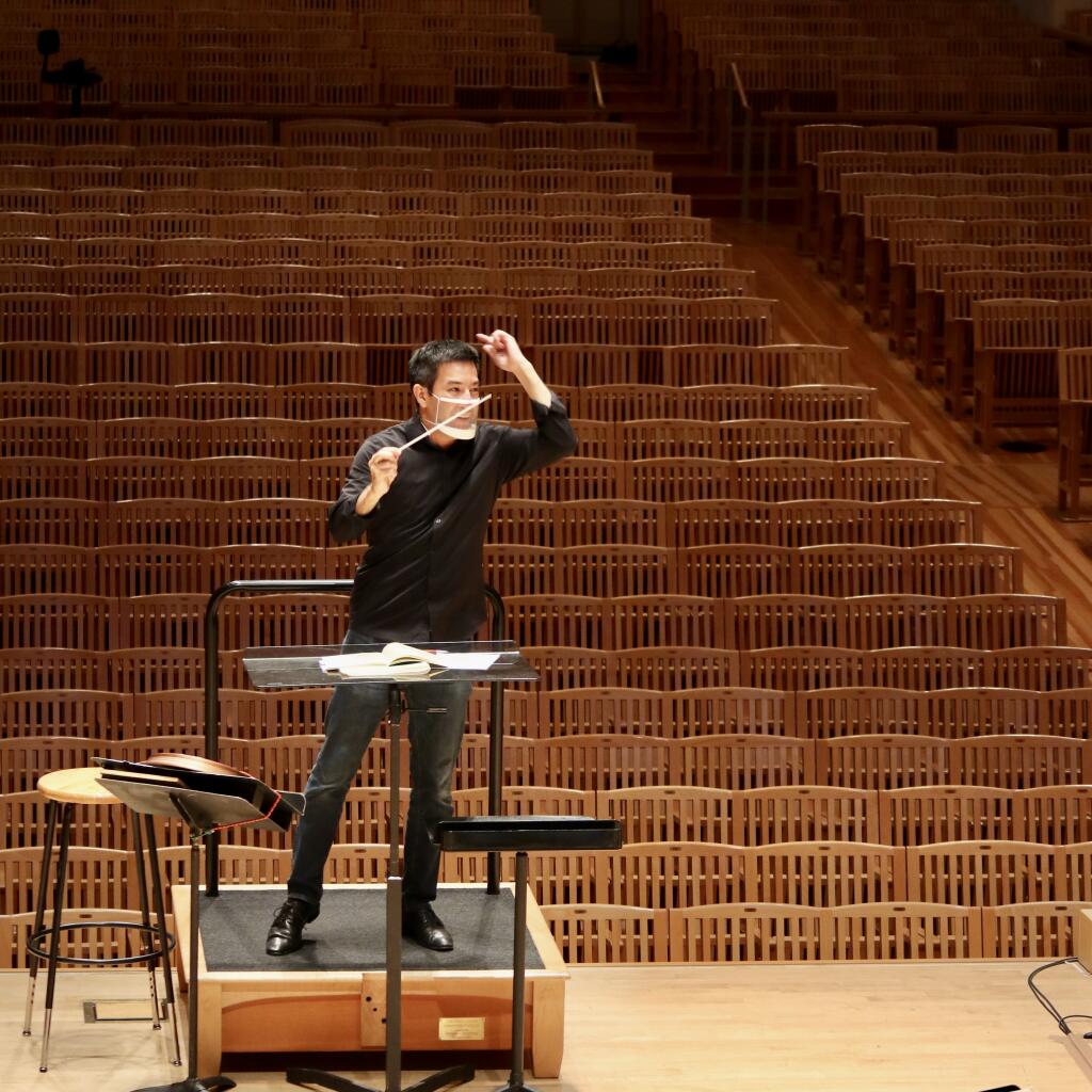 Santa Rosa Symphony Music Director Francesco Lecce-Chong rehearses the Santa Rosa Symphony for one of its SRS @ Home virtual concert series. Three of those concerts will be televised this spring as part of “Santa Rosa Symphony Presents.” (Kate Matwychuk)
