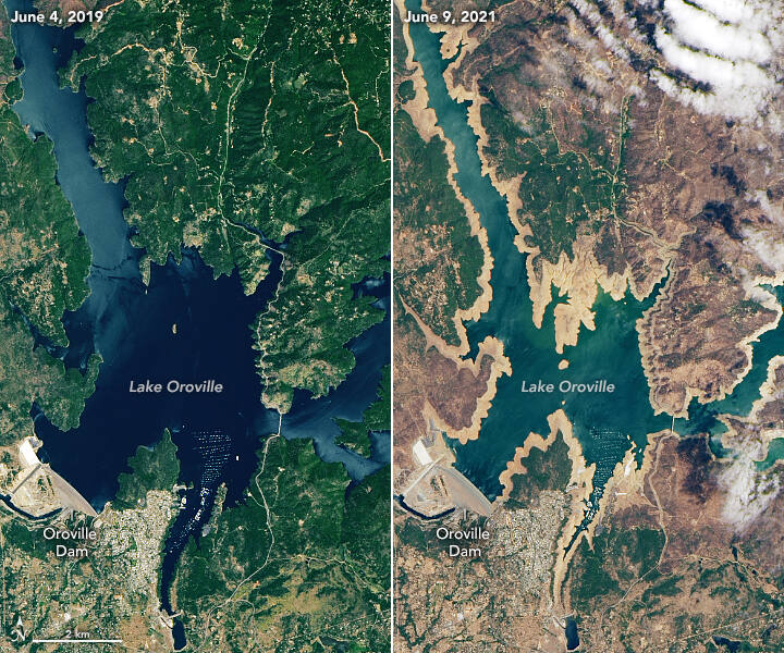 These satellite images, from left to right, from NASA show Lake Oroville on June 4, 2019 and June 9, 2021. (NASA)