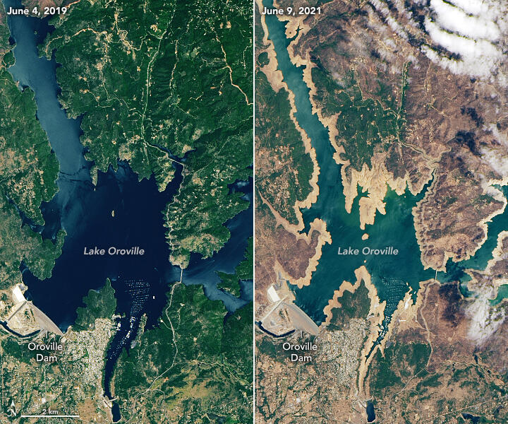 These satellite images, from left to right, from NASA show Lake Oroville on June 4, 2019 and June 9, 2021. (NASA)