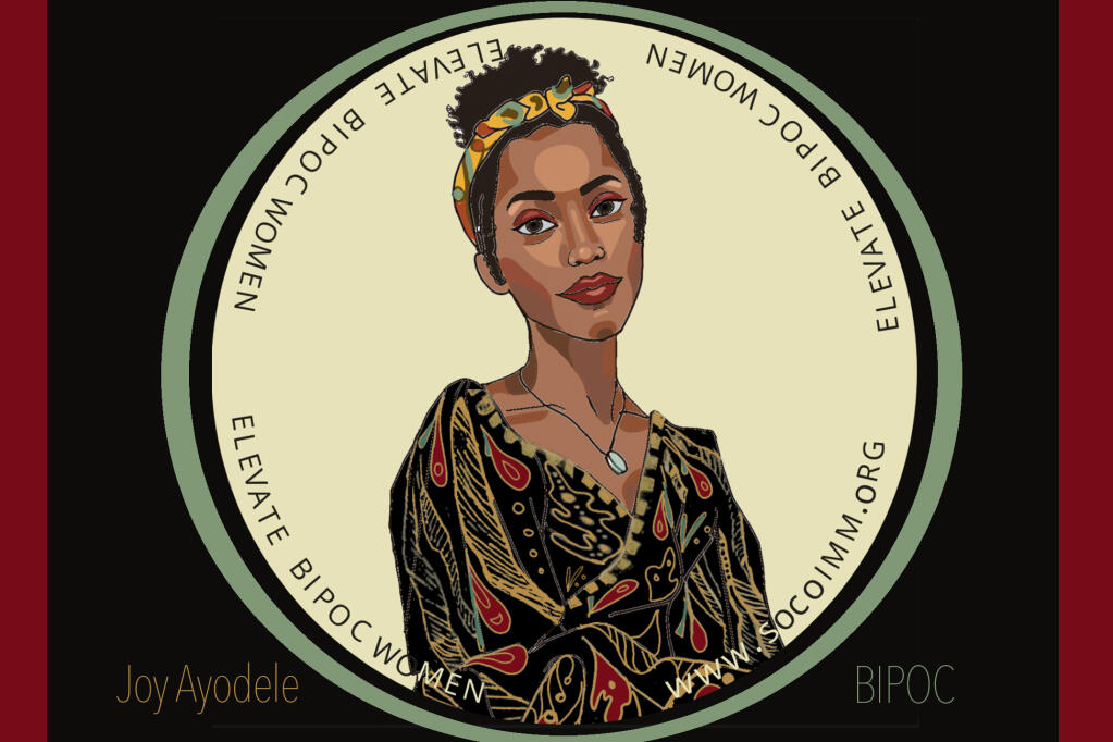 The Trinity Mural in downtown Santa Rosa  depicts three BIPOC Sonoma County activists, including Joy Ayodele’s portrait seen here on a sticker version. The SCAPE Mural Project’s lead artist is Rima Makaryan, these portraits were painted by a collection of local artists including but not limited to Feven Zewdi, Adonis, Keviette Minor, and Matt Goff.