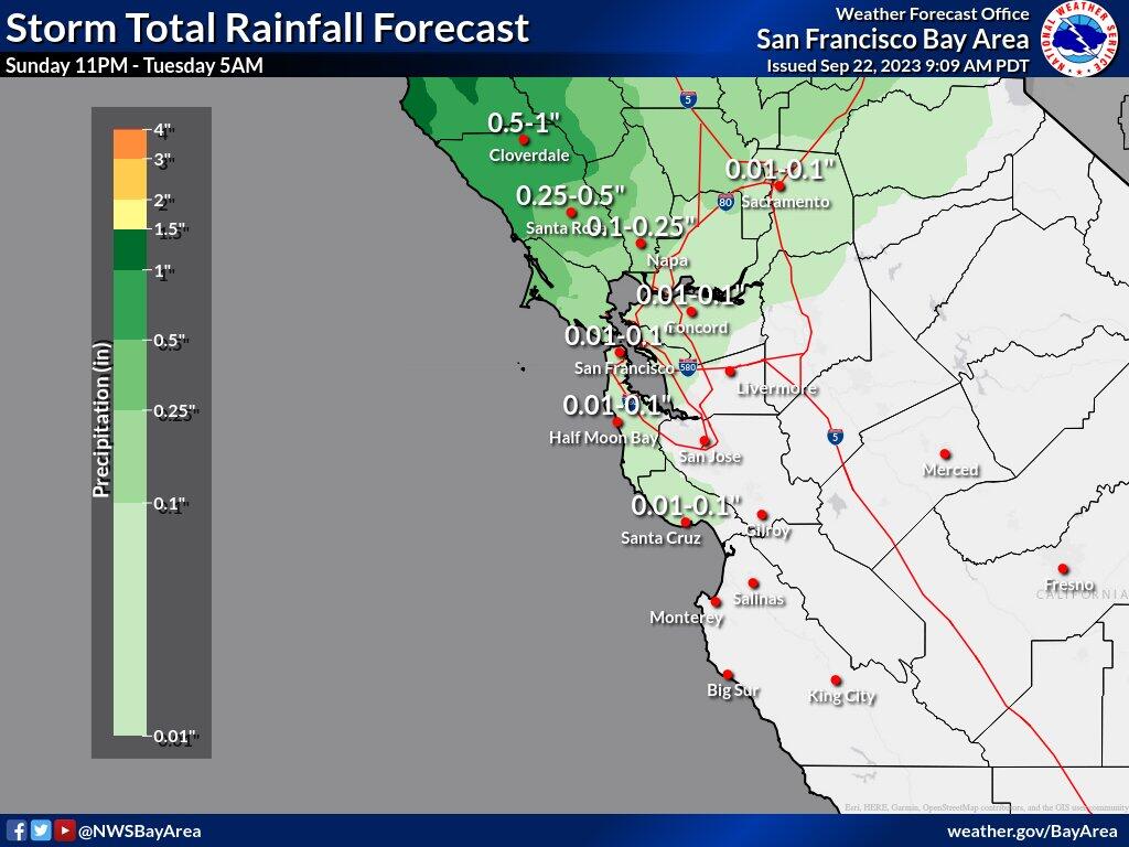 Areas of Sonoma County farther north, such as Cloverdale and Healdsburg, are expected to receive up to an inch of rainfall, according to the National Weather Service. (National Weather Service)