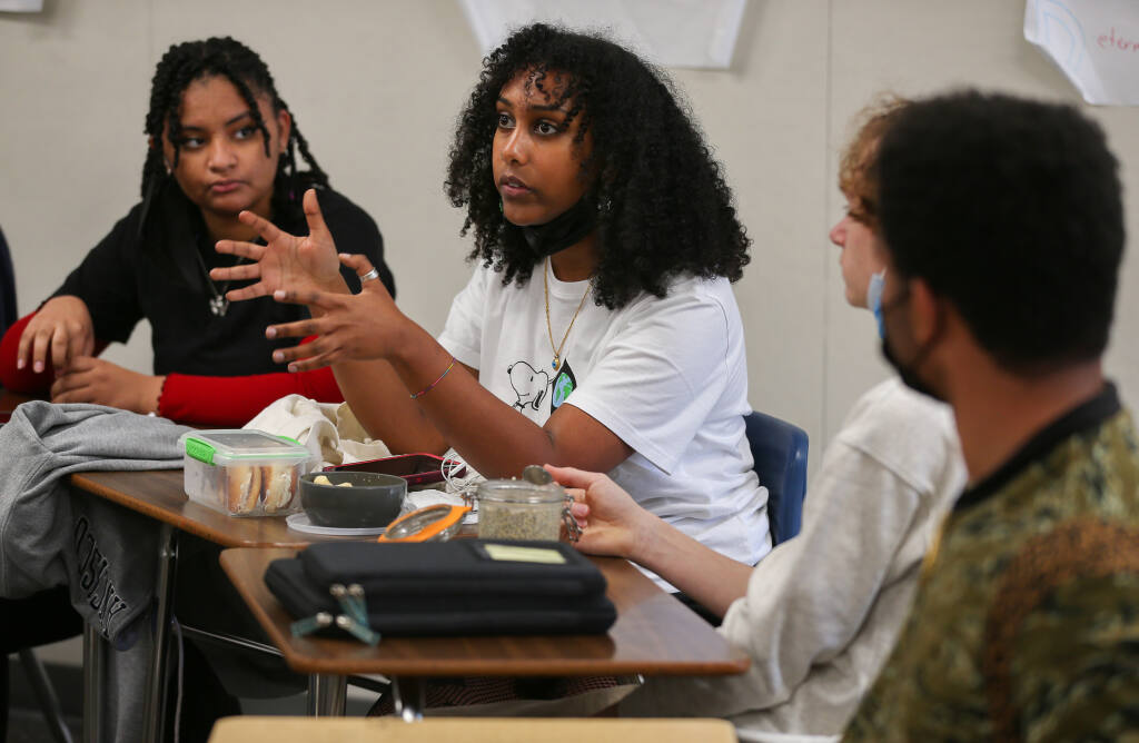 Montgomery High School Black Student Union president Harerta Tesfamicael addresses the group during a lunchtime meeting in Santa Rosa on Tuesday, February 15, 2022. (Christopher Chung/ The Press Democrat)