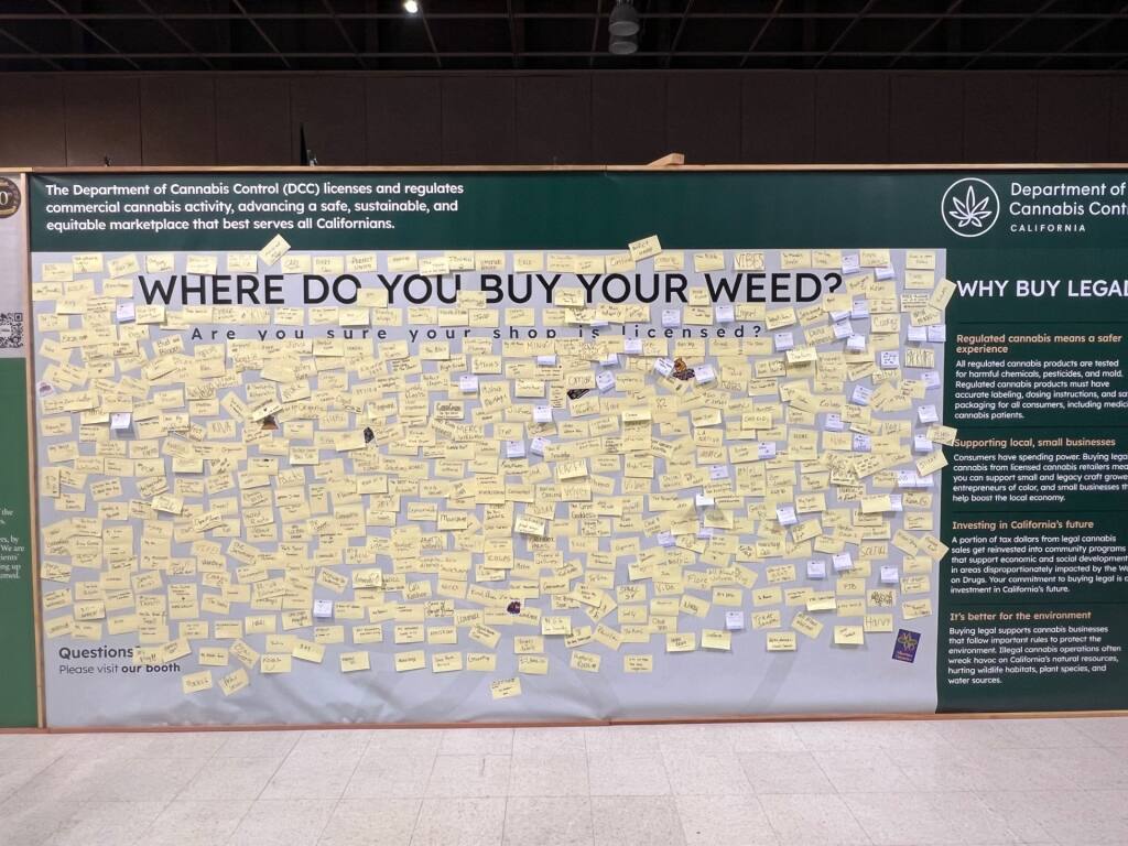 Sticky notes cover a board put up by the California Department of Cannabis Control at the California State Fair.